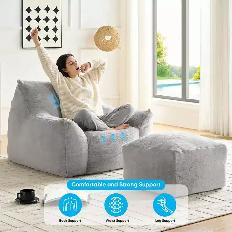 Mjkone Pouf moderne, grand pouf en similicuir de lapin avec ottoman