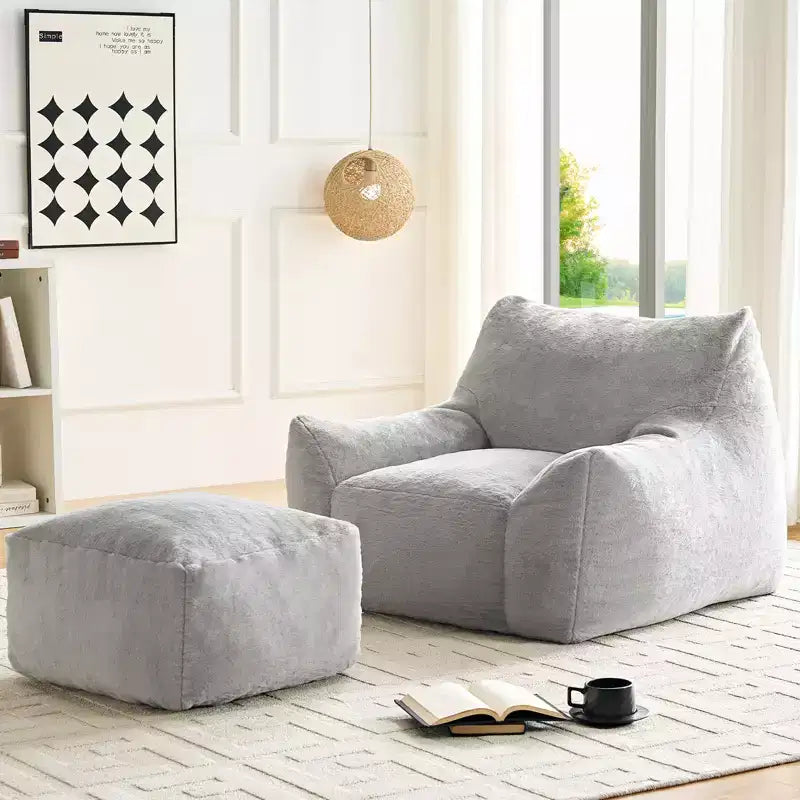 Mjkone Pouf moderne, grand pouf en similicuir de lapin avec ottoman