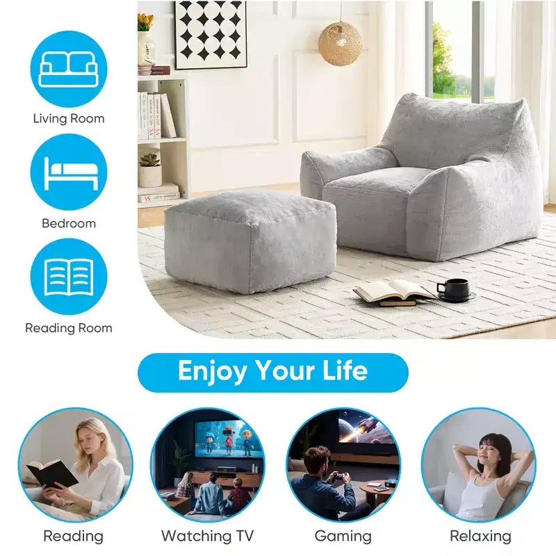 Mjkone Pouf moderne, grand pouf en similicuir de lapin avec ottoman