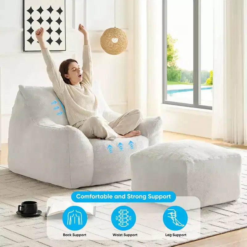 Mjkone Pouf moderne, grand pouf en similicuir de lapin avec ottoman