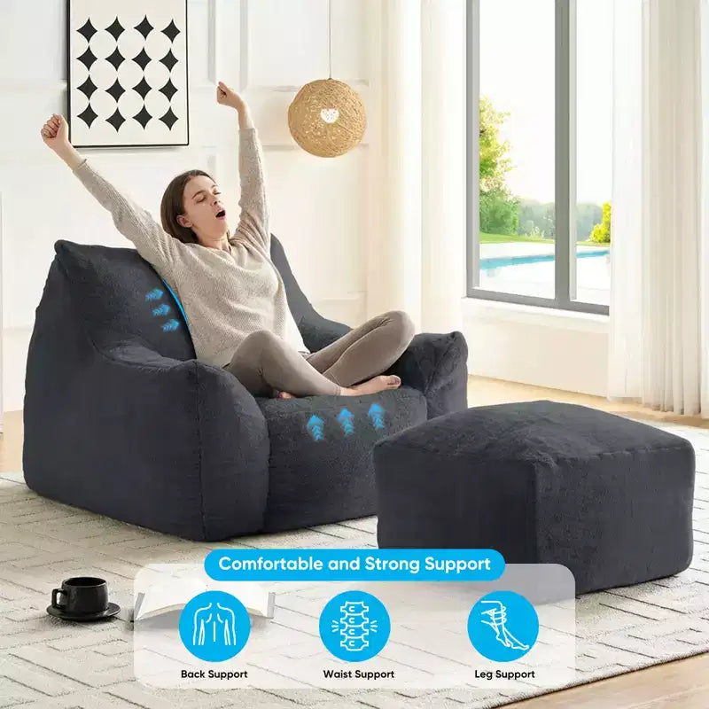 Mjkone Pouf moderne, grand pouf en similicuir de lapin avec ottoman