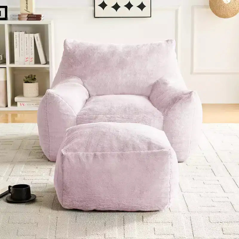 Mjkone Pouf moderne, grand pouf en similicuir de lapin avec ottoman