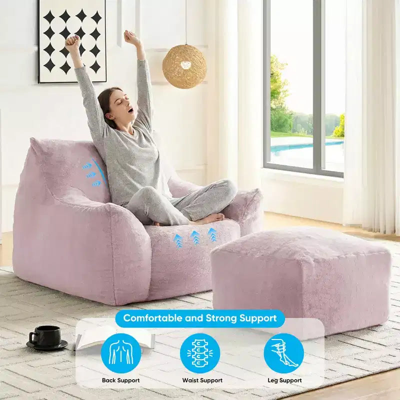 Mjkone Pouf moderne, grand pouf en similicuir de lapin avec ottoman