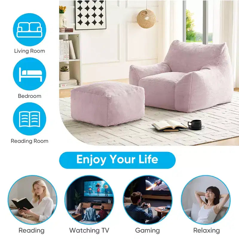 Mjkone Pouf moderne, grand pouf en similicuir de lapin avec ottoman