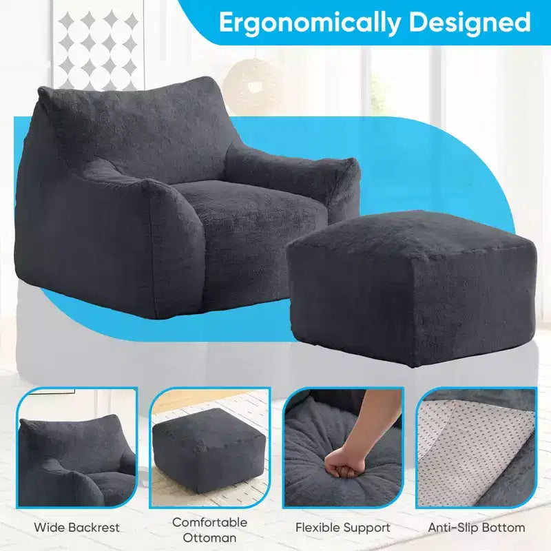 Mjkone Pouf moderne, grand pouf en similicuir de lapin avec ottoman