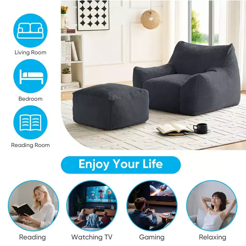 Mjkone Pouf moderne, grand pouf en similicuir de lapin avec ottoman