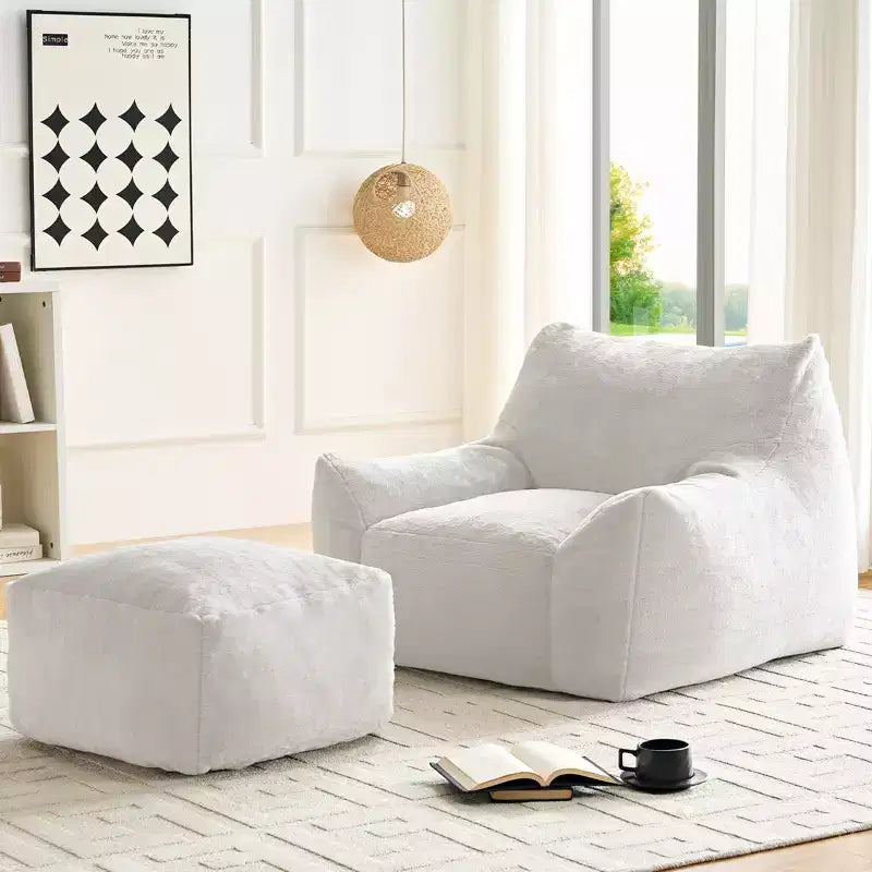 Mjkone Pouf moderne, grand pouf en similicuir de lapin avec ottoman