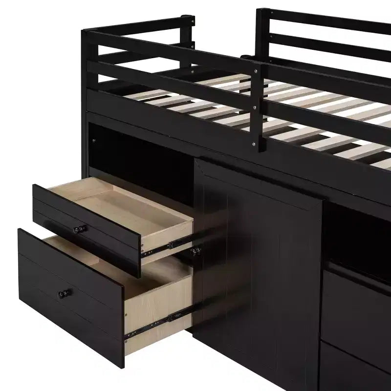 Lit mezzanine Whisen 81.8L x 40.8W, design moderne, taille double avec 4 tiroirs, armoire inférieure et étagères