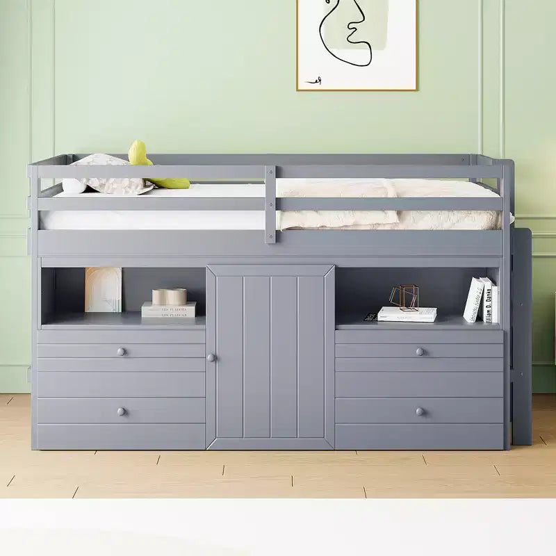 Lit mezzanine Whisen 81.8L x 40.8W, design moderne, taille double avec 4 tiroirs, armoire inférieure et étagères