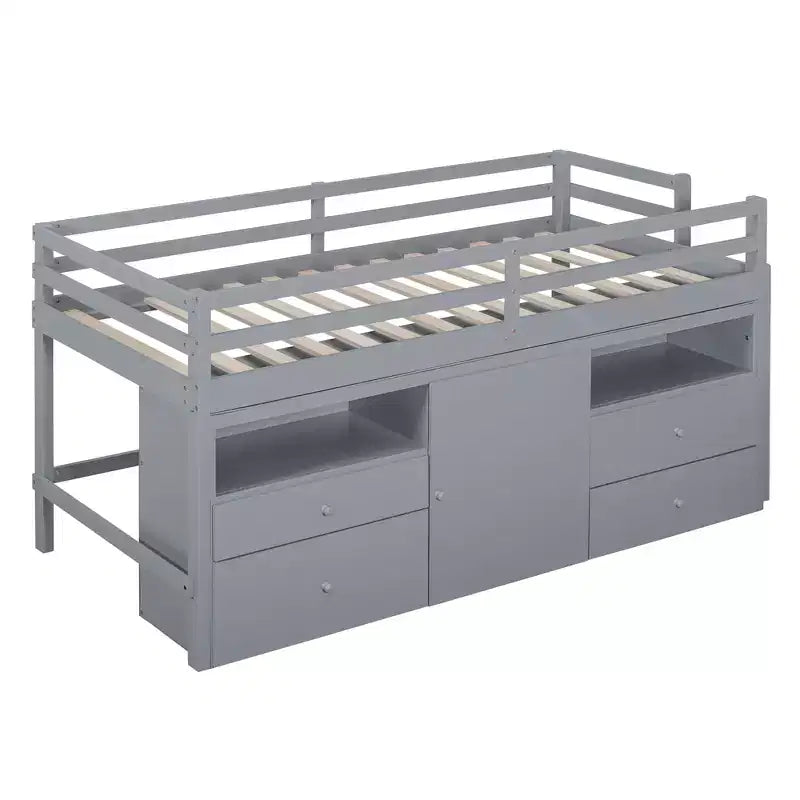 Lit mezzanine Whisen 81.8L x 40.8W, design moderne, taille double avec 4 tiroirs, armoire inférieure et étagères