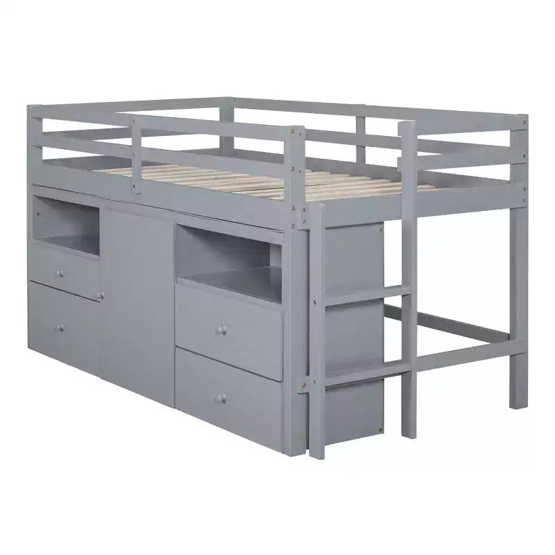 Lit mezzanine Whisen 81.8L x 40.8W, design moderne, taille double avec 4 tiroirs, armoire inférieure et étagères