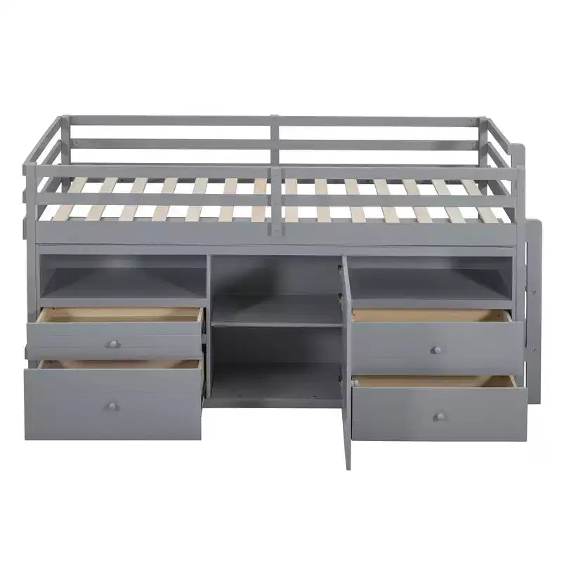 Lit mezzanine Whisen 81.8L x 40.8W, design moderne, taille double avec 4 tiroirs, armoire inférieure et étagères