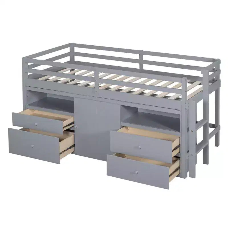 Lit mezzanine Whisen 81.8L x 40.8W, design moderne, taille double avec 4 tiroirs, armoire inférieure et étagères