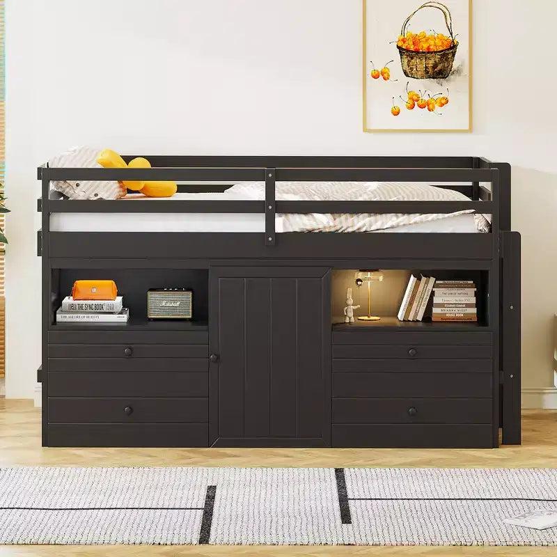 Lit mezzanine Whisen 81.8L x 40.8W, design moderne, taille double avec 4 tiroirs, armoire inférieure et étagères
