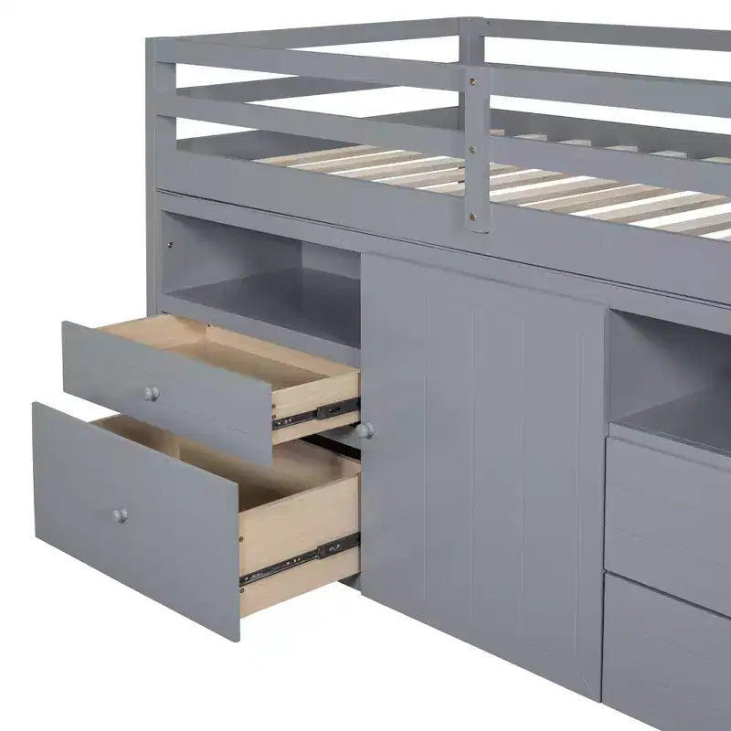 Lit mezzanine Whisen 81.8L x 40.8W, design moderne, taille double avec 4 tiroirs, armoire inférieure et étagères