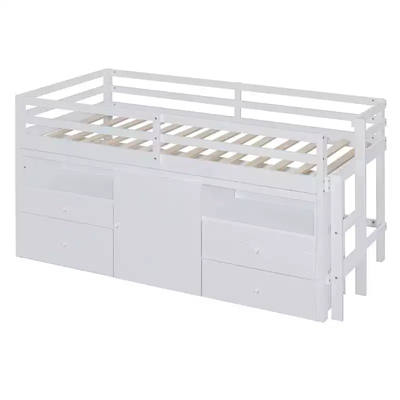 Lit mezzanine Whisen 81.8L x 40.8W, design moderne, taille double avec 4 tiroirs, armoire inférieure et étagères