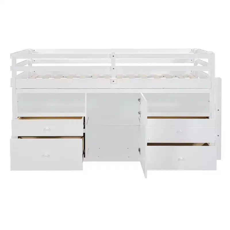 Lit mezzanine Whisen 81.8L x 40.8W, design moderne, taille double avec 4 tiroirs, armoire inférieure et étagères