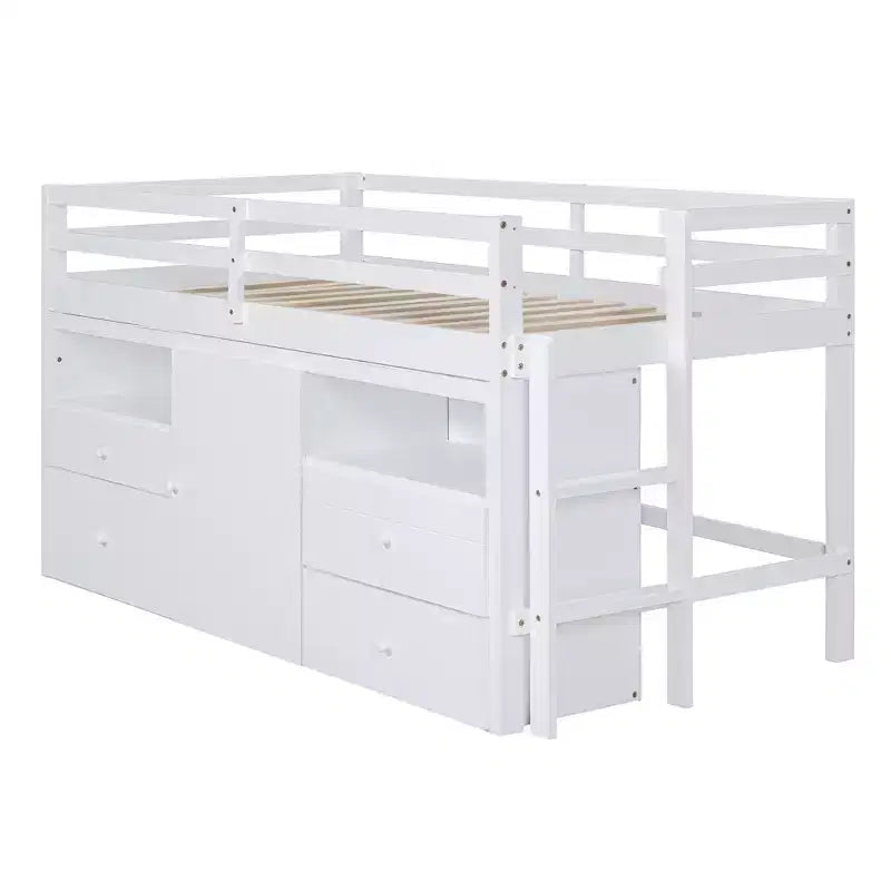 Lit mezzanine Whisen 81.8L x 40.8W, design moderne, taille double avec 4 tiroirs, armoire inférieure et étagères