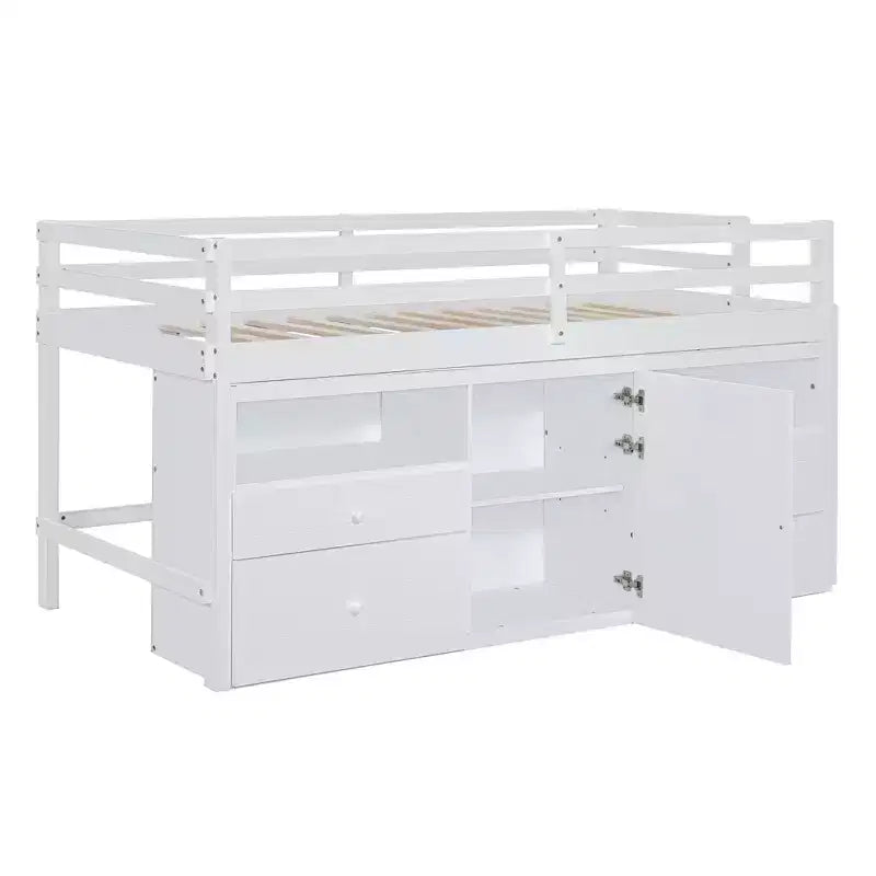 Lit mezzanine Whisen 81.8L x 40.8W, design moderne, taille double avec 4 tiroirs, armoire inférieure et étagères