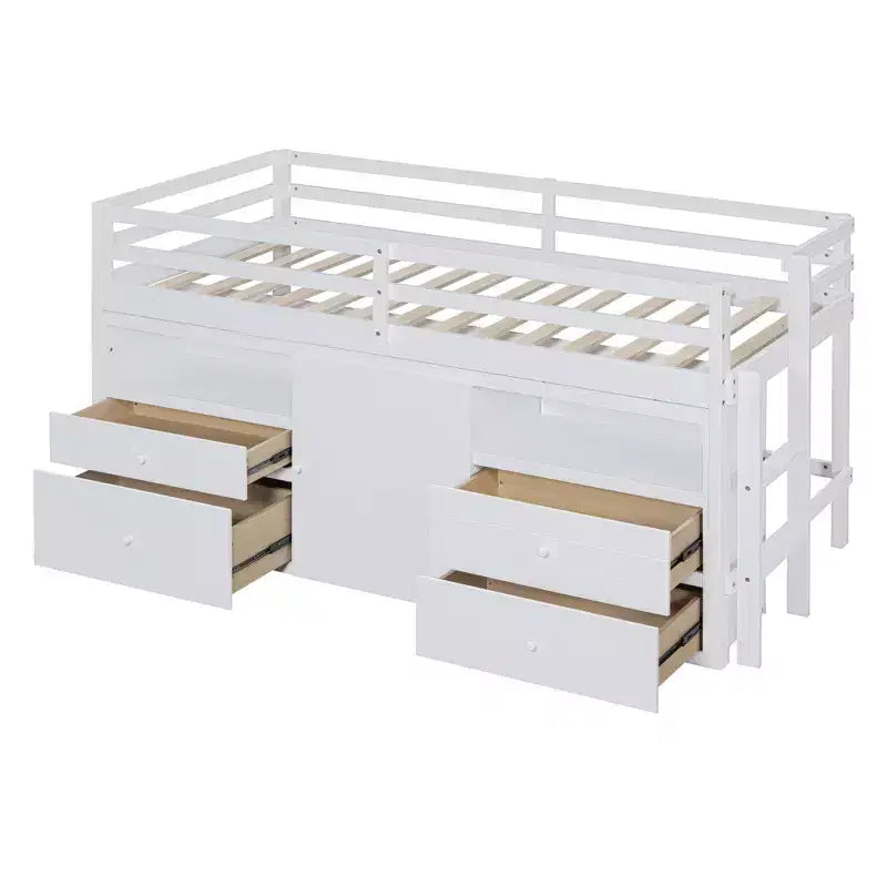 Lit mezzanine Whisen 81.8L x 40.8W, design moderne, taille double avec 4 tiroirs, armoire inférieure et étagères