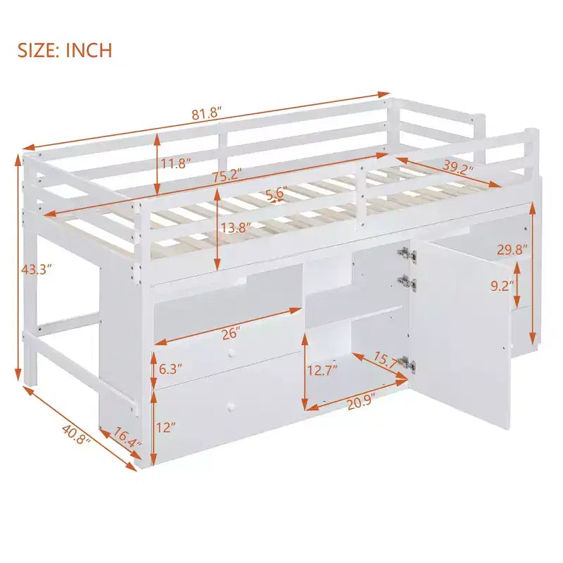 Lit mezzanine Whisen 81.8L x 40.8W, design moderne, taille double avec 4 tiroirs, armoire inférieure et étagères