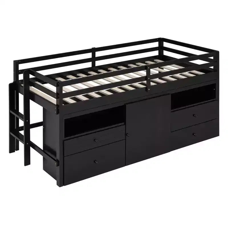 Lit mezzanine Whisen 81.8L x 40.8W, design moderne, taille double avec 4 tiroirs, armoire inférieure et étagères