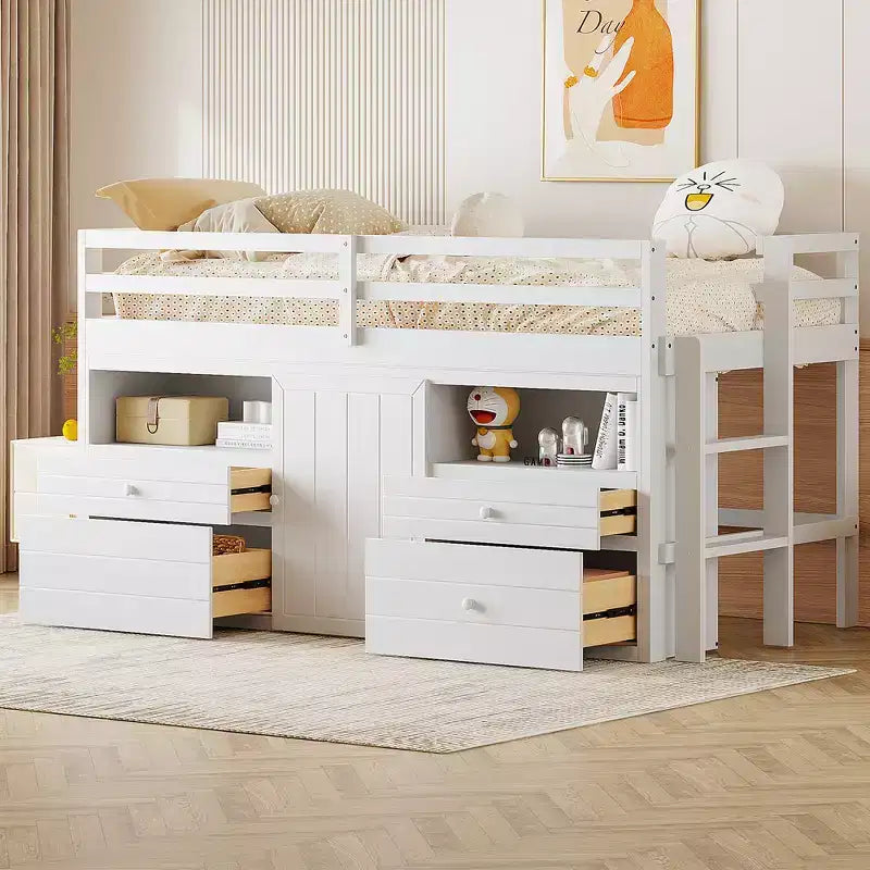 Lit mezzanine Whisen 81.8L x 40.8W, design moderne, taille double avec 4 tiroirs, armoire inférieure et étagères