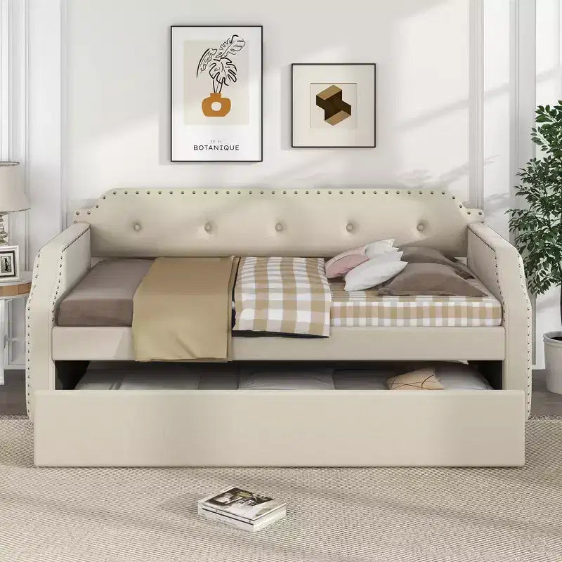 Lit de repos capitonné Whisen de taille double avec lit gigogne, support à lattes en bois, cadre capitonné pour lit-canapé