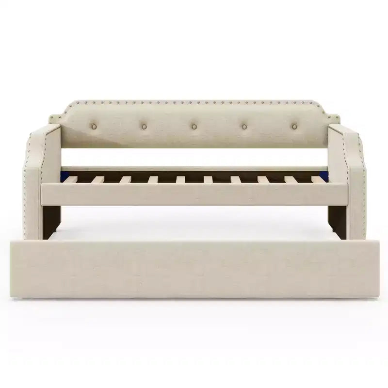 Lit de repos capitonné Whisen de taille double avec lit gigogne, support à lattes en bois, cadre capitonné pour lit-canapé