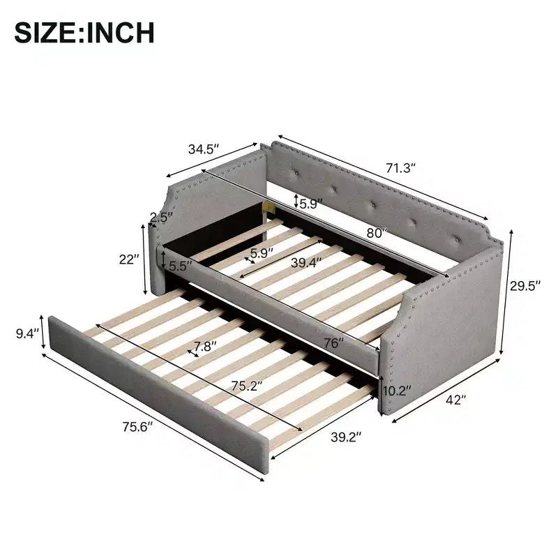 Lit de repos capitonné Whisen de taille double avec lit gigogne, support à lattes en bois, cadre capitonné pour lit-canapé