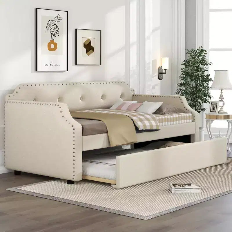 Lit de repos capitonné Whisen de taille double avec lit gigogne, support à lattes en bois, cadre capitonné pour lit-canapé