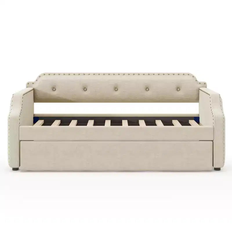 Lit de repos capitonné Whisen de taille double avec lit gigogne, support à lattes en bois, cadre capitonné pour lit-canapé