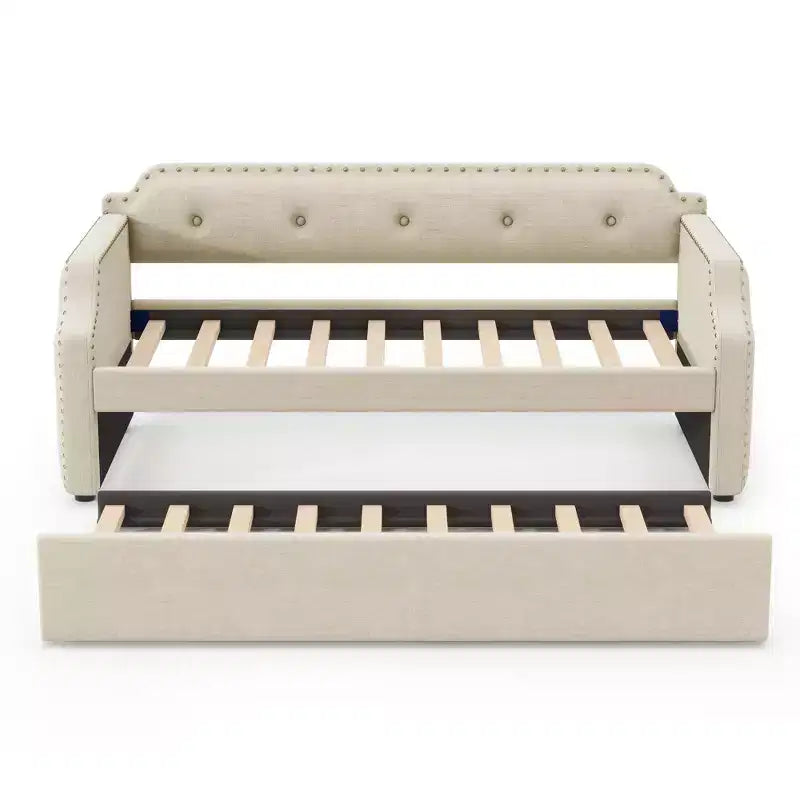 Lit de repos capitonné Whisen de taille double avec lit gigogne, support à lattes en bois, cadre capitonné pour lit-canapé