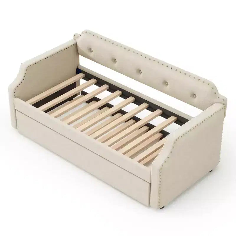 Lit de repos capitonné Whisen de taille double avec lit gigogne, support à lattes en bois, cadre capitonné pour lit-canapé