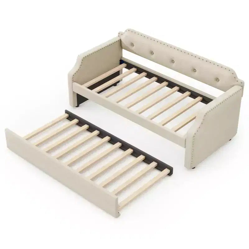 Lit de repos capitonné Whisen de taille double avec lit gigogne, support à lattes en bois, cadre capitonné pour lit-canapé