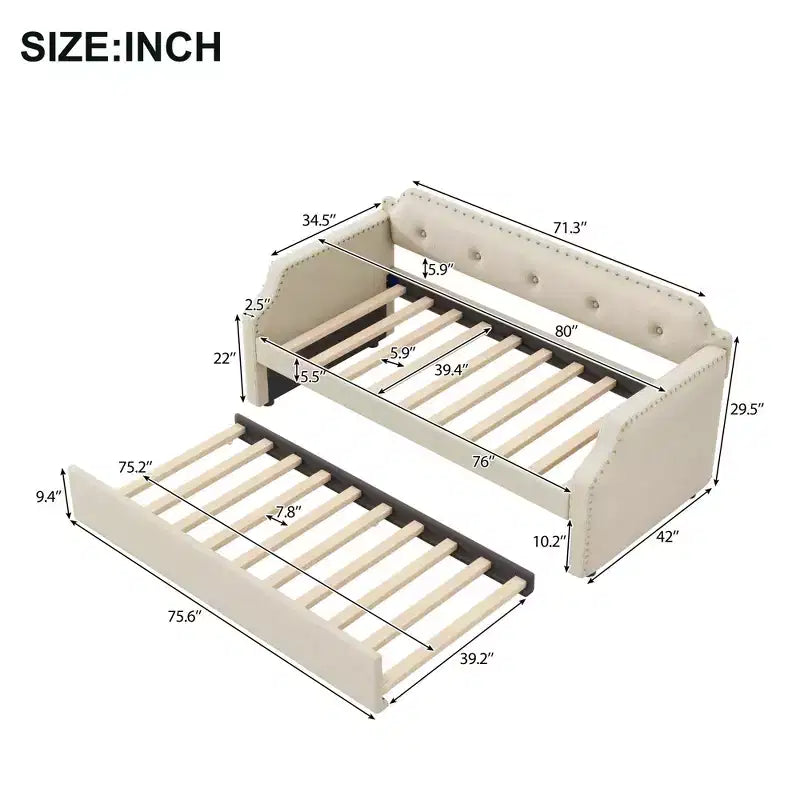 Lit de repos capitonné Whisen de taille double avec lit gigogne, support à lattes en bois, cadre capitonné pour lit-canapé