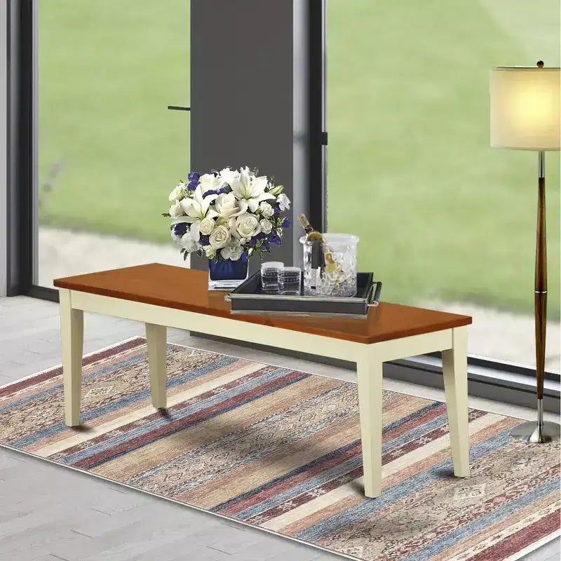 Banc de salle à manger HomeStock avec assise en bois, 54x15x17 pouces, couleur babeurre et cerisier