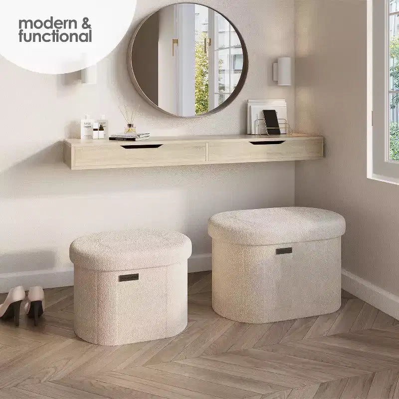 Banc de rangement StorageBud pour chambre à coucher en bout de lit, rangement ovale en bouclé, grand banc ottoman de rangement, banc d'entrée avec rangement