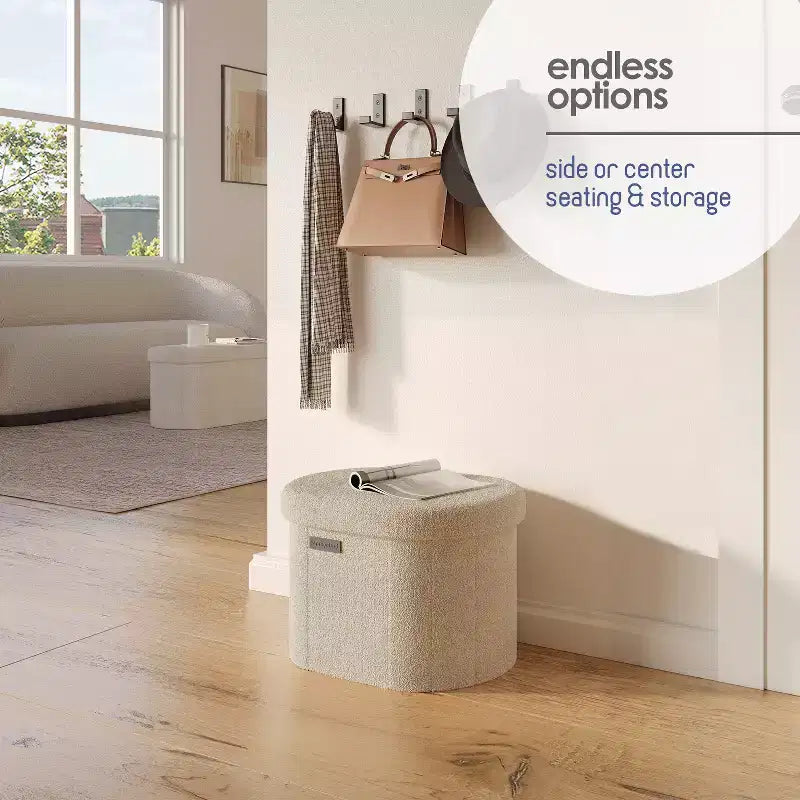 Banc de rangement StorageBud pour chambre à coucher en bout de lit, rangement ovale en bouclé, grand banc ottoman de rangement, banc d'entrée avec rangement