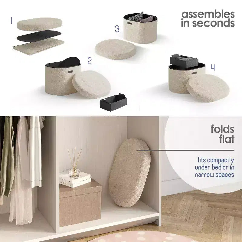Banc de rangement StorageBud pour chambre à coucher en bout de lit, rangement ovale en bouclé, grand banc ottoman de rangement, banc d'entrée avec rangement