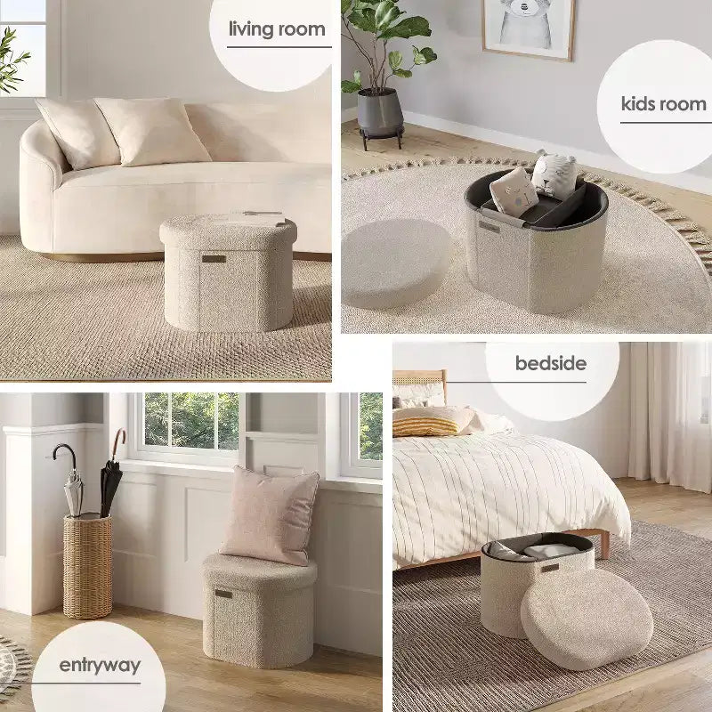 Banc de rangement StorageBud pour chambre à coucher en bout de lit, rangement ovale en bouclé, grand banc ottoman de rangement, banc d'entrée avec rangement