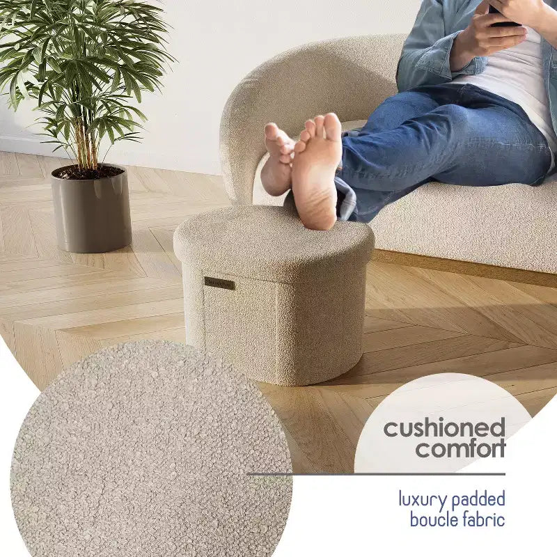 Banc de rangement StorageBud pour chambre à coucher en bout de lit, rangement ovale en bouclé, grand banc ottoman de rangement, banc d'entrée avec rangement