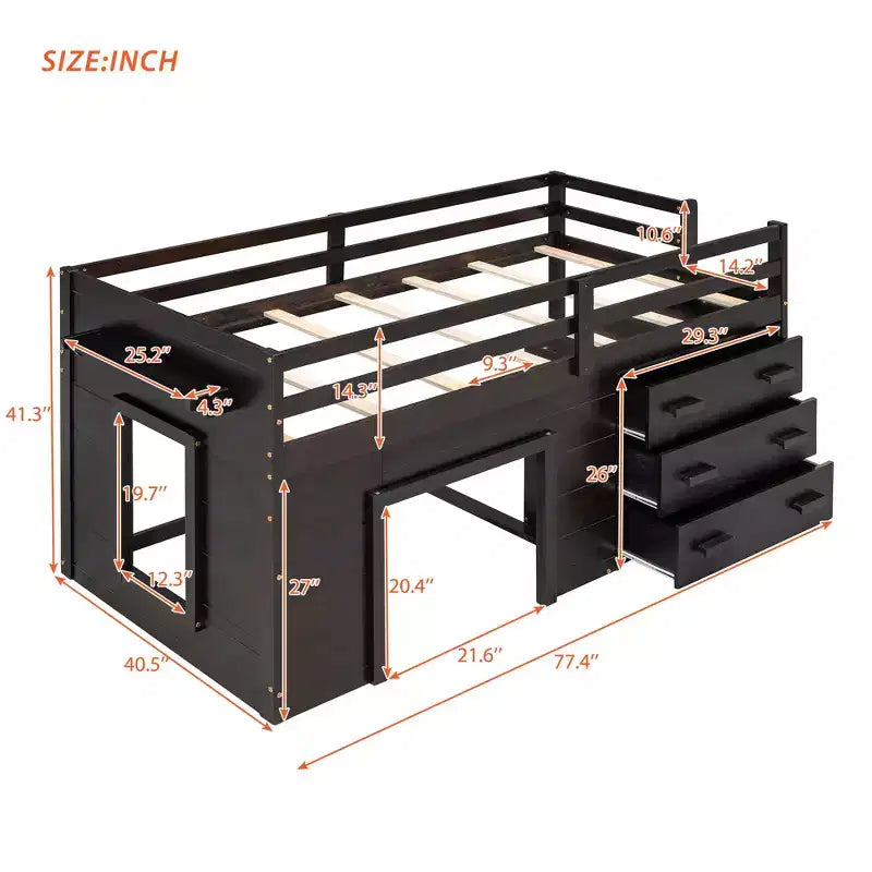 Lit mezzanine moderne Whisen 77,4 L x 40,5 l avec armoire et étagère, conçu pour votre sécurité