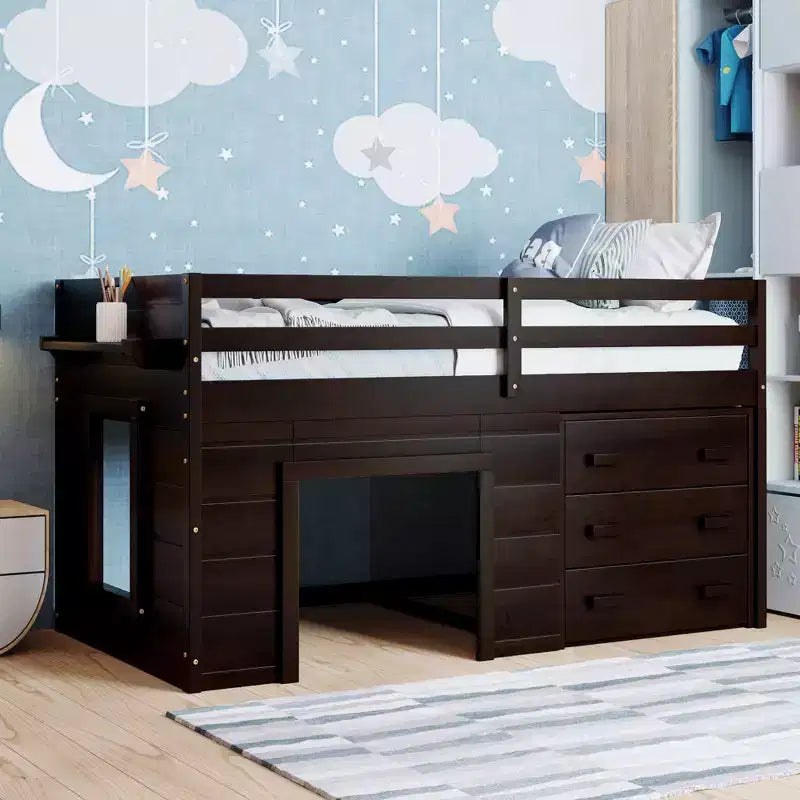Lit mezzanine moderne Whisen 77,4 L x 40,5 l avec armoire et étagère, conçu pour votre sécurité