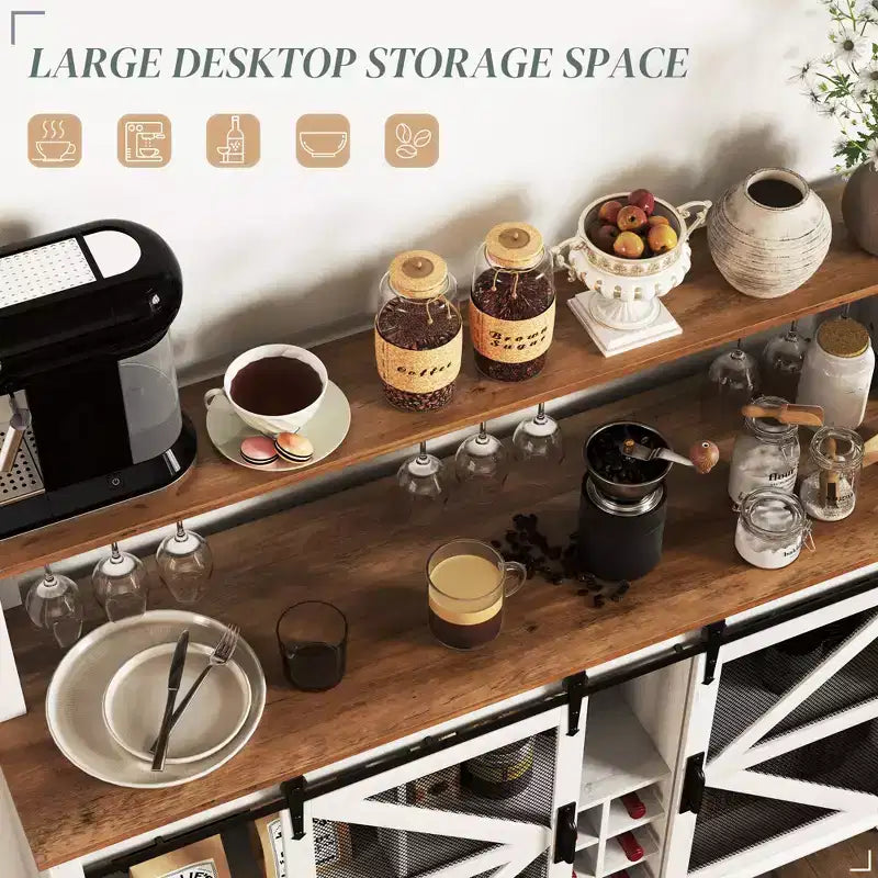 HOMCOM Buffet de café de style ferme avec lumières LED et portes coulissantes de grange, Meuble bar de 55" avec porte-bouteilles et porte-verres