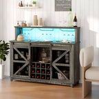 HOMCOM Buffet de café de style ferme avec lumières LED et portes coulissantes de grange, Meuble bar de 55" avec porte-bouteilles et porte-verres