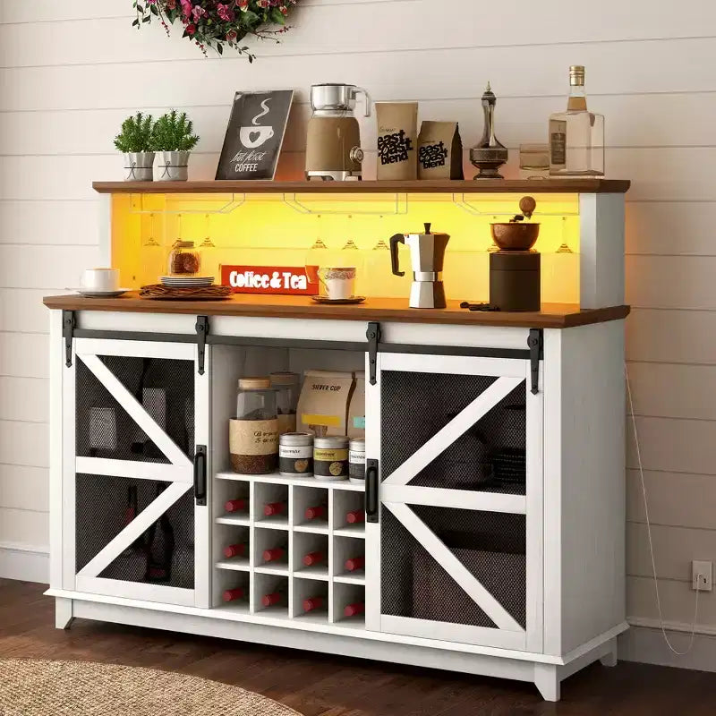 HOMCOM Buffet de café de style ferme avec lumières LED et portes coulissantes de grange, Meuble bar de 55" avec porte-bouteilles et porte-verres