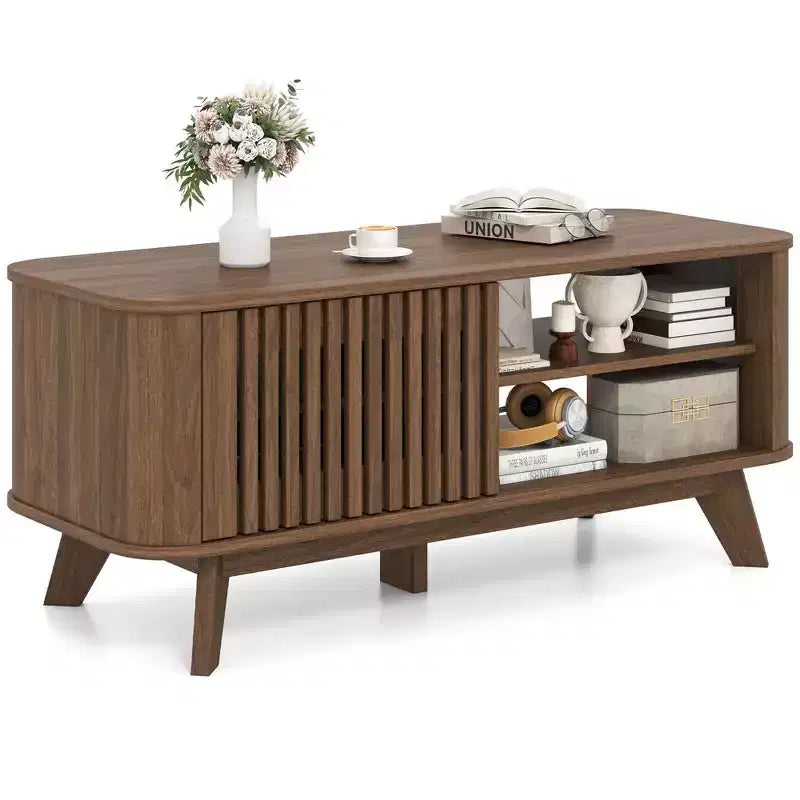 Table basse Costway avec rangement, étagères réglables et 2 portes, table basse en bois