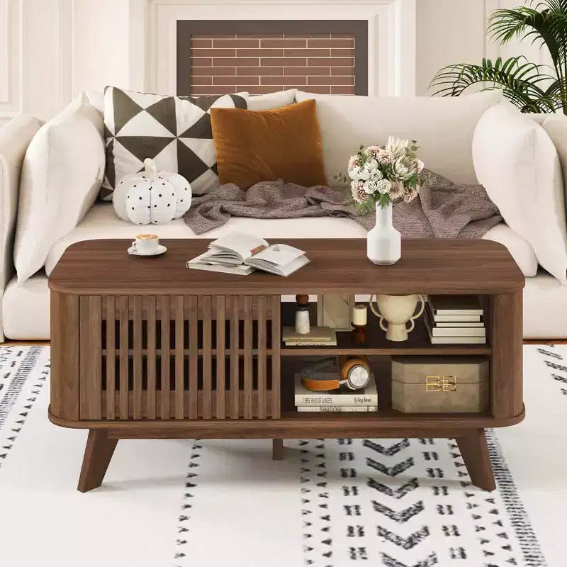 Table basse Costway avec rangement, étagères réglables et 2 portes, table basse en bois