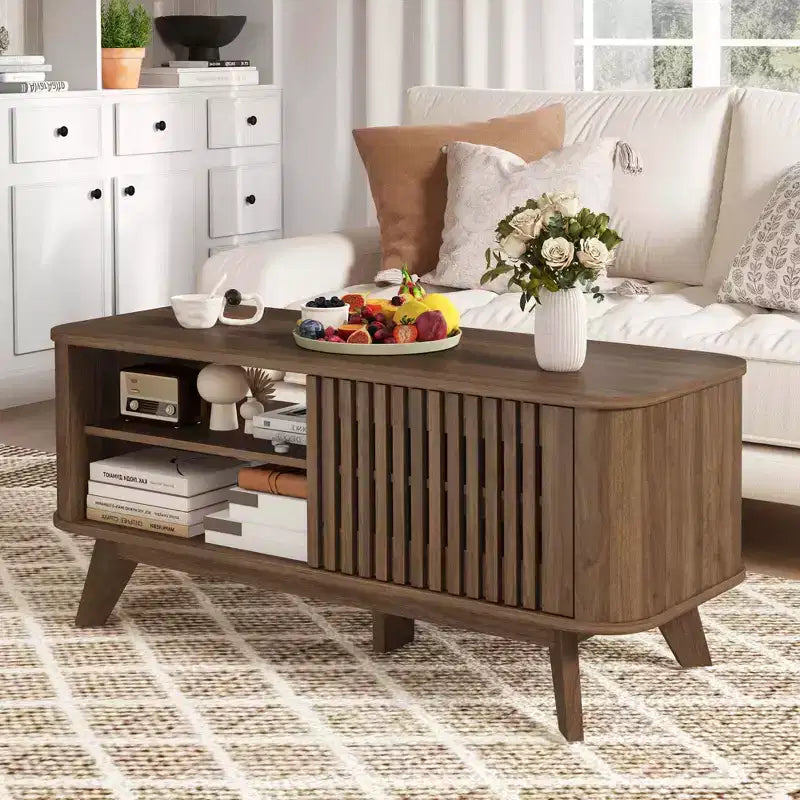 Table basse Costway avec rangement, étagères réglables et 2 portes, table basse en bois